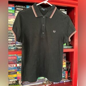 Fred Perry ladies US10 black polo with light pink and dark pink twin stripes
